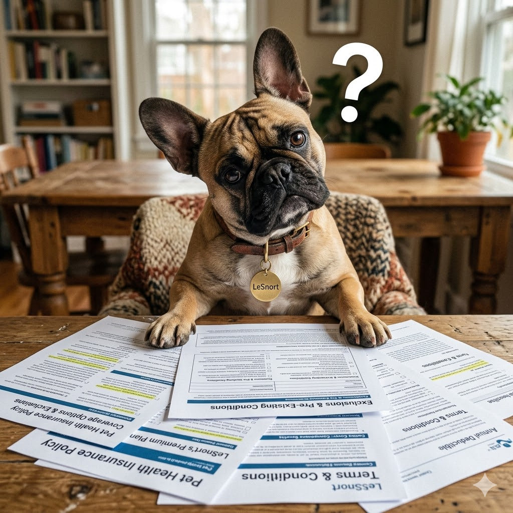 A confused fawn French Bulldog, named LeSnort (visible on its collar tag), sits at a wooden table cluttered with 'Pet Health Insurance Policy' documents.