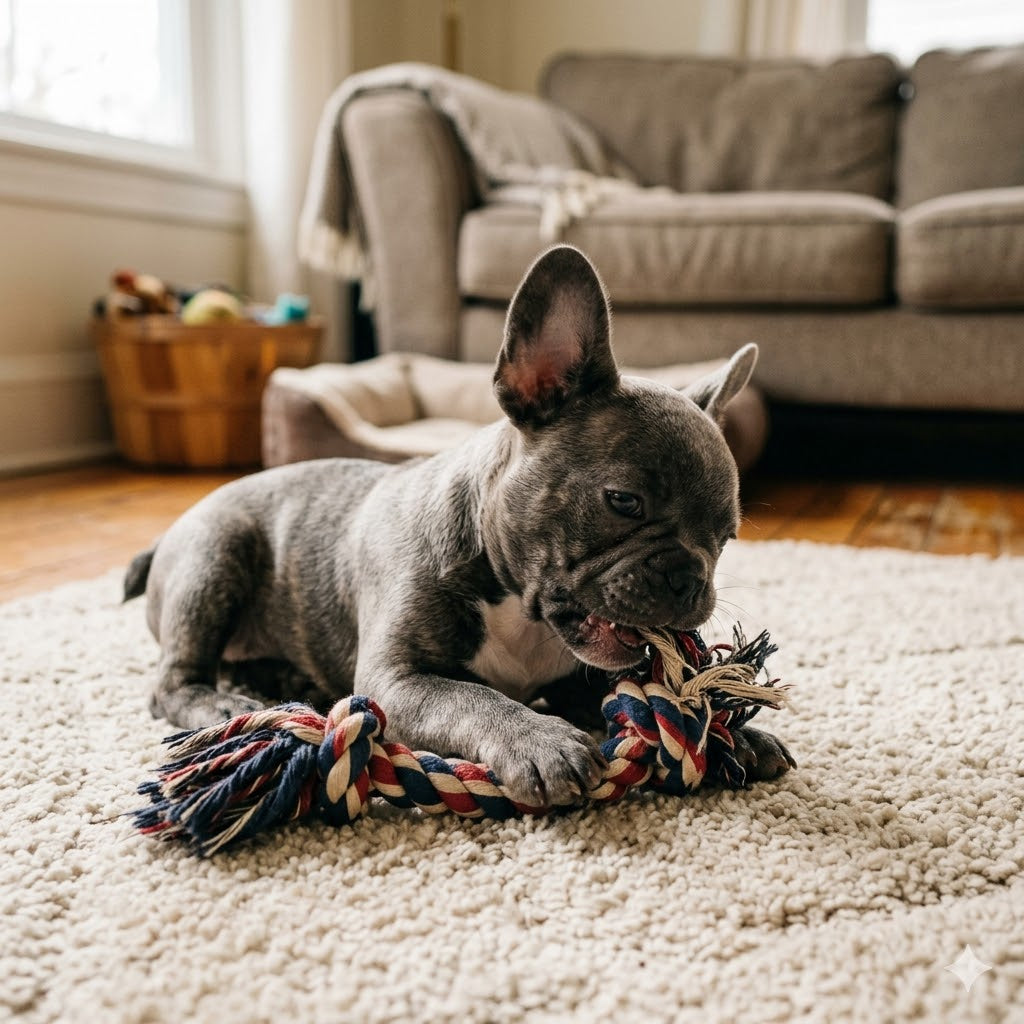 A medium close-up photograph of a small, gray brindle French Bulldog puppy lying on a plush, light beige shag rug in a living room.