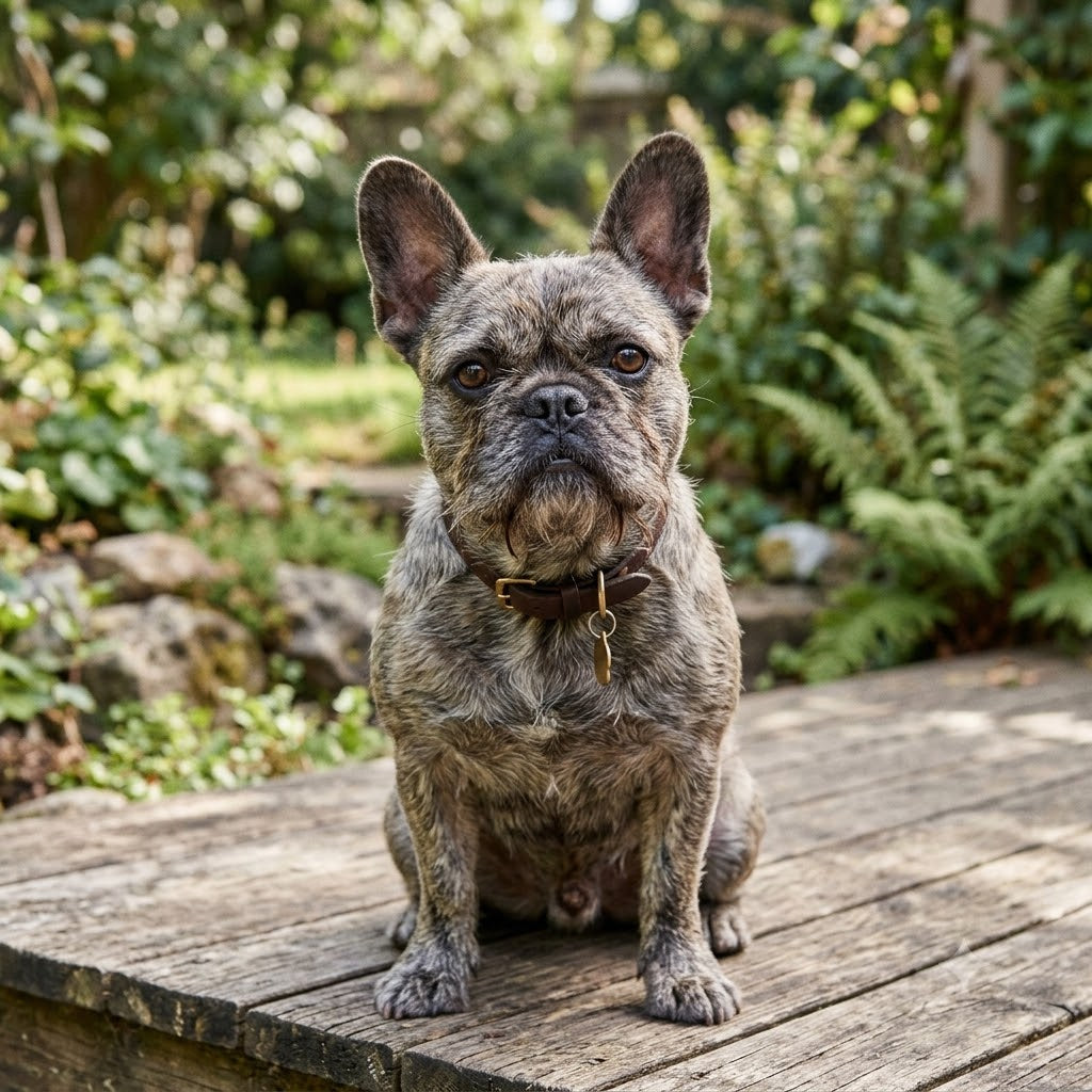 A candid, close-up photograph of an adorable, alert grey (blue) French Bulldog sitting outdoors in dappled sunlight.