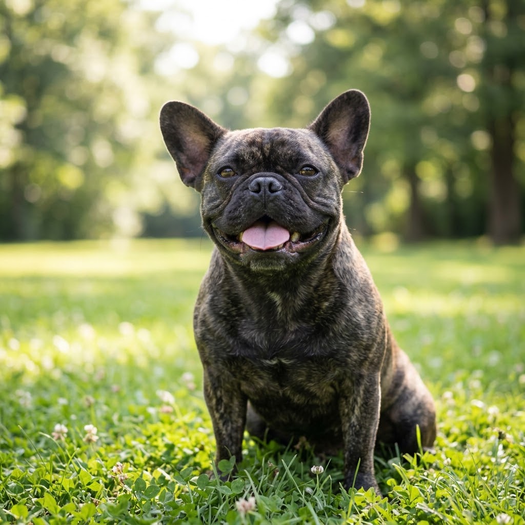A happy brindle French Bulldog sitting on a lush green grassy lawn in a sunlit park, with no collar or harness.