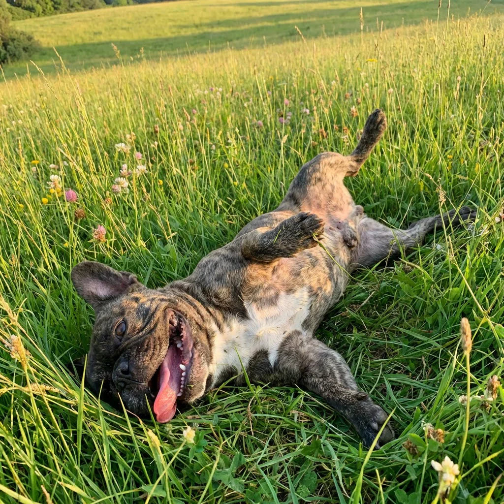 A joyful, brindle French Bulldog lies on its back in a lush, wild meadow, panting with its tongue out under the golden evening light.
