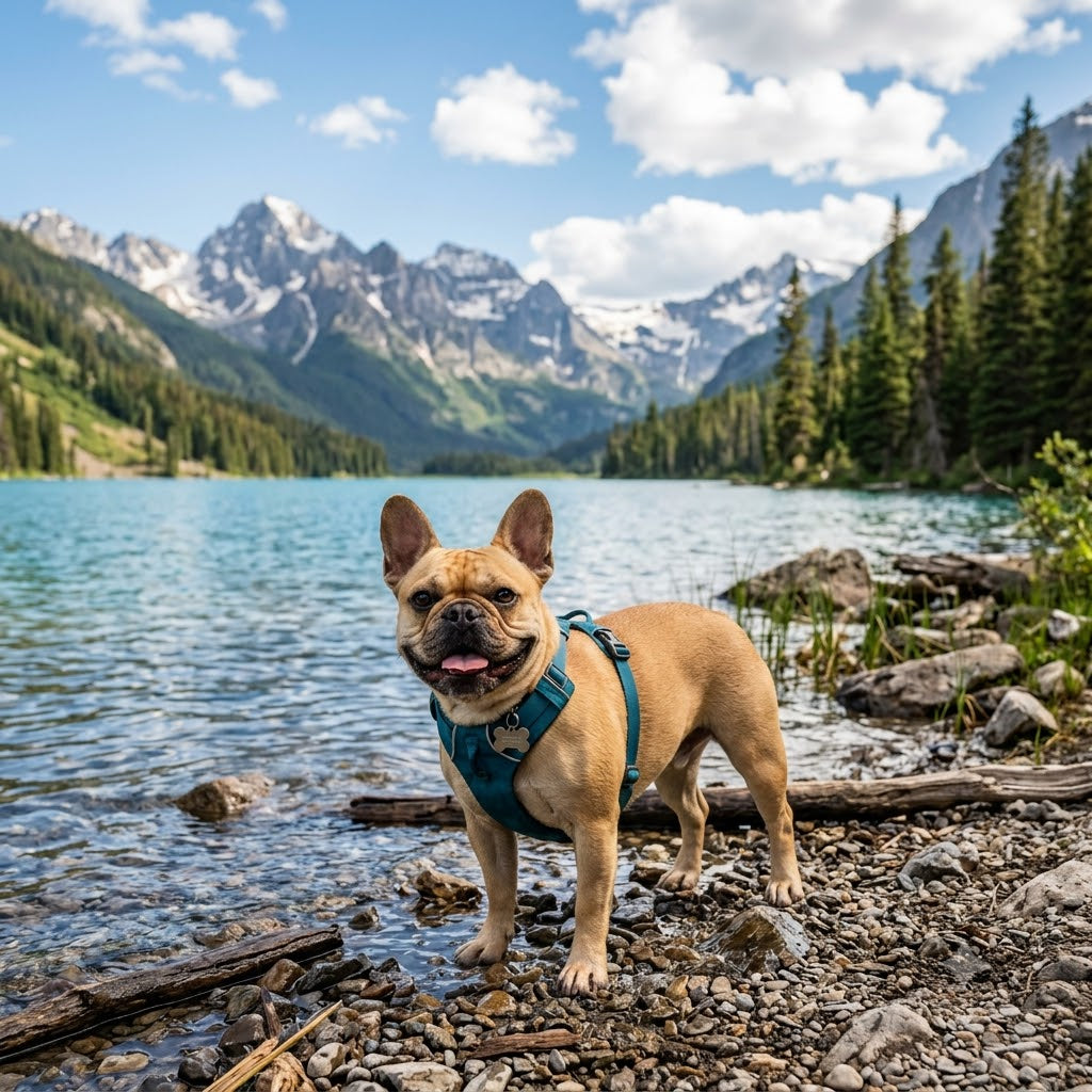A square-format photograph of a joyful, fawn-colored French Bulldog. The dog stands on a rocky shoreline in shallow water, wearing a teal-blue harness with a bone-shaped tag.