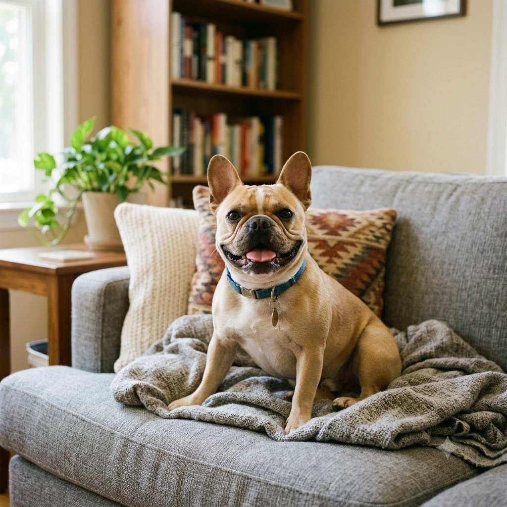 A cheerful, fawn-colored French Bulldog with its tongue slightly out sits happily on a gray upholstered couch.