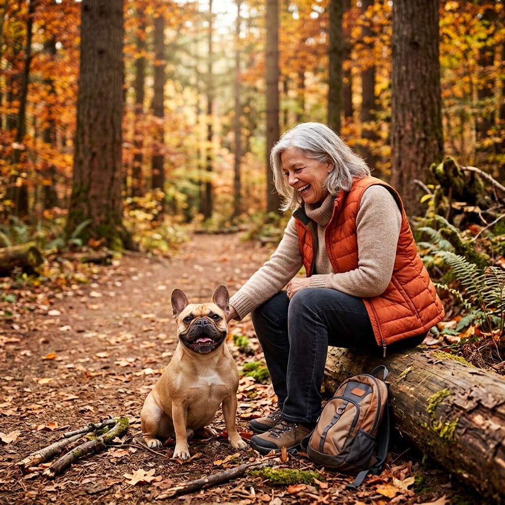 A laughing woman with natural grey hair, wearing an orange quilted vest, sits on a fallen mossy log along a forest trail in autumn, petting her happy fawn French Bulldog.