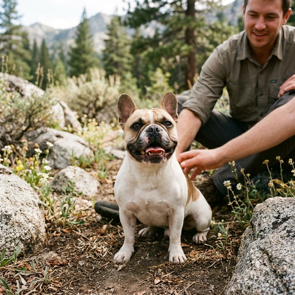 A happy, panting fawn-and-white French Bulldog with no harness or collar sits on a rugged dirt and rocky trail while being pet by its smiling owner.