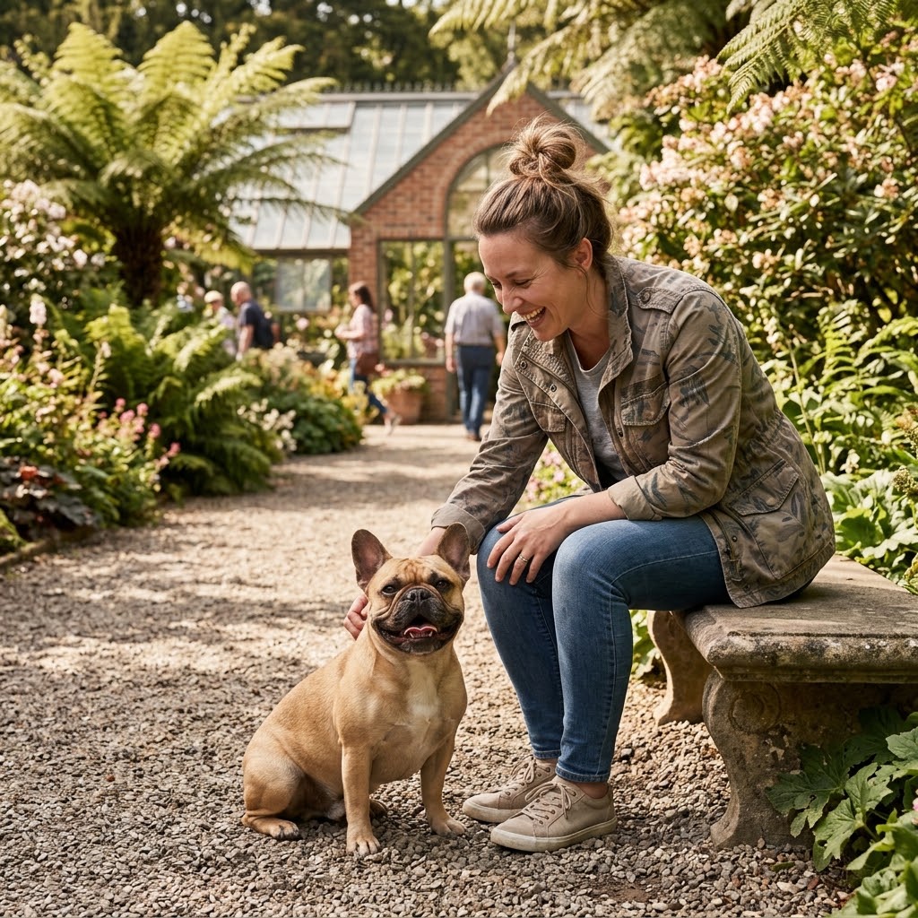 A laughing woman with her hair in a messy bun, wearing a patterned utility jacket and jeans, sits on a stone bench along a gravel pathway in a lush botanical garden.