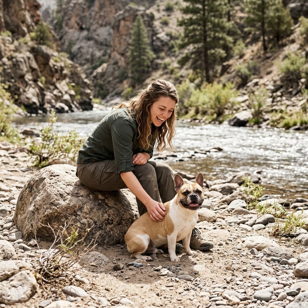 A laughing woman with long, wavy hair sitting on a boulder in a natural canyon petting her happy fawn-and-white French Bulldog.
