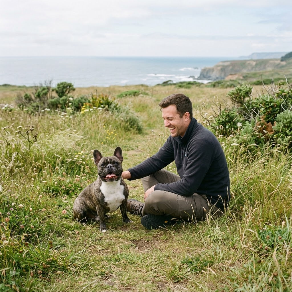A laughing man wearing a dark fleece and trail pants sits cross-legged on a grassy coastal bluff, petting his happy brindle-and-white French Bulldog.