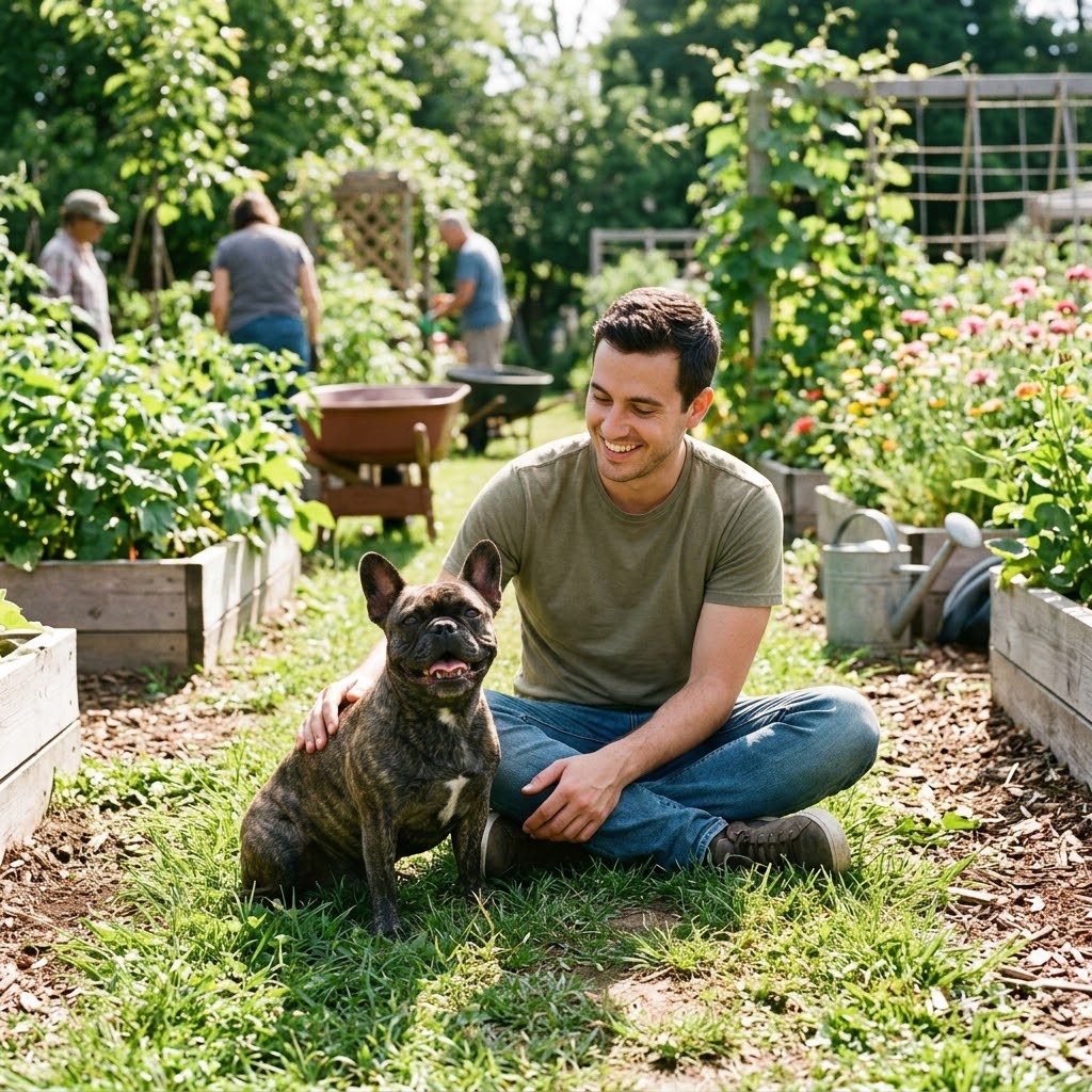 A smiling man in an olive-green t-shirt sitting cross-legged on a grassy path in a bustling, sunny community garden, petting his happy brindle French Bulldog.