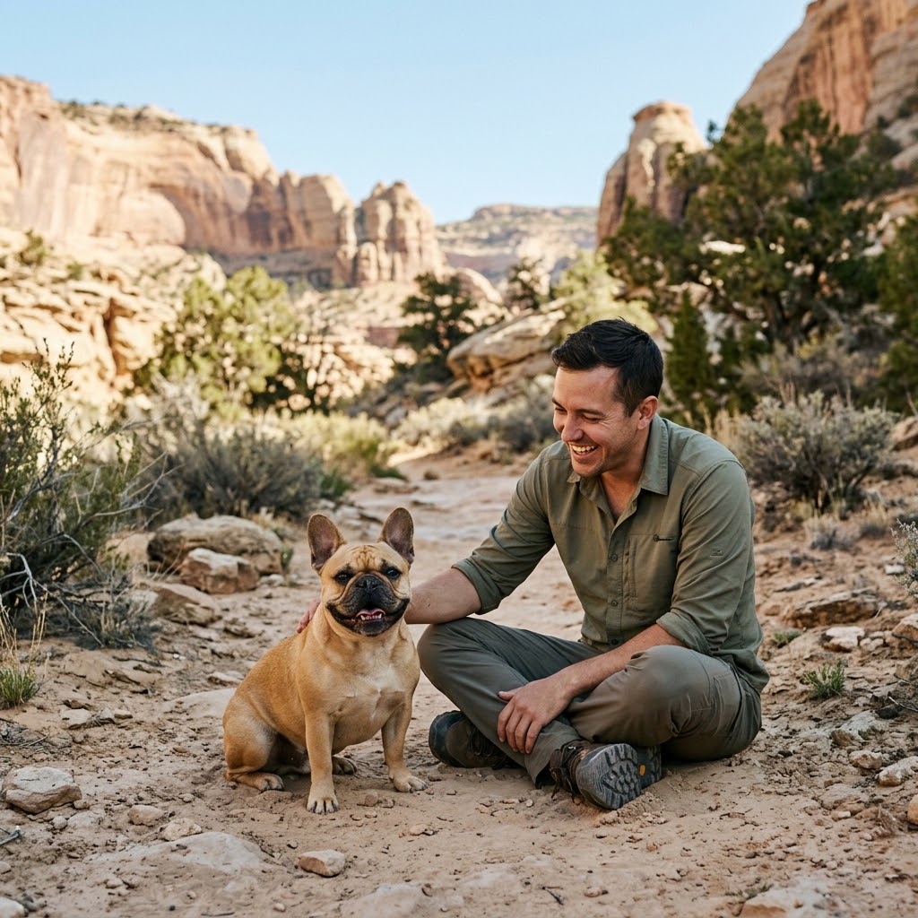 A laughing man wearing an olive-green hiking shirt sits cross-legged on a sandy trail in a desert canyon, petting his happy fawn French Bulldog.