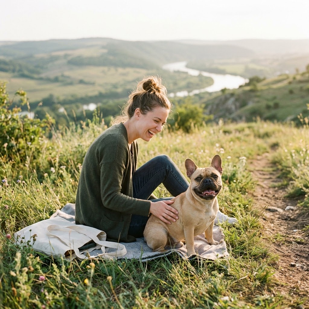 A laughing woman with her hair in a messy bun, wearing a dark green cardigan, sits on a blanket on a grassy hillside overlooking a winding river at sunset.