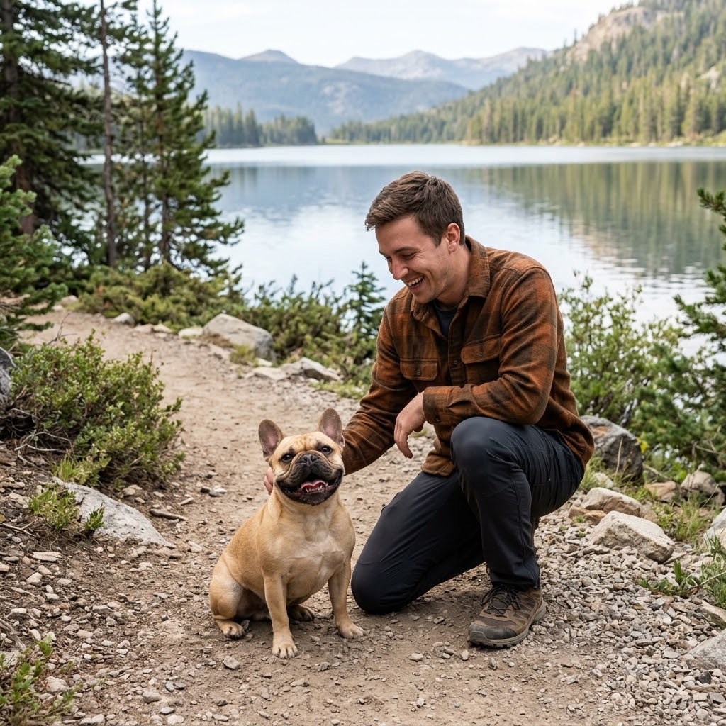 A laughing man wearing a brown plaid flannel shirt and dark trail pants kneels on a dirt and gravel path to pet his happy fawn French Bulldog.