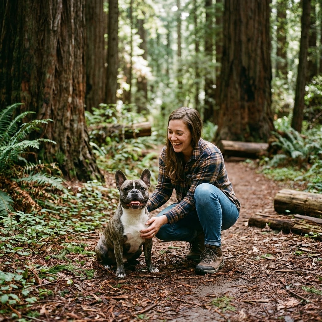 A laughing woman in a plaid flannel shirt and jeans squats on a dirt trail in a dense, towering redwood forest, petting her happy brindle-and-white French Bulldog.