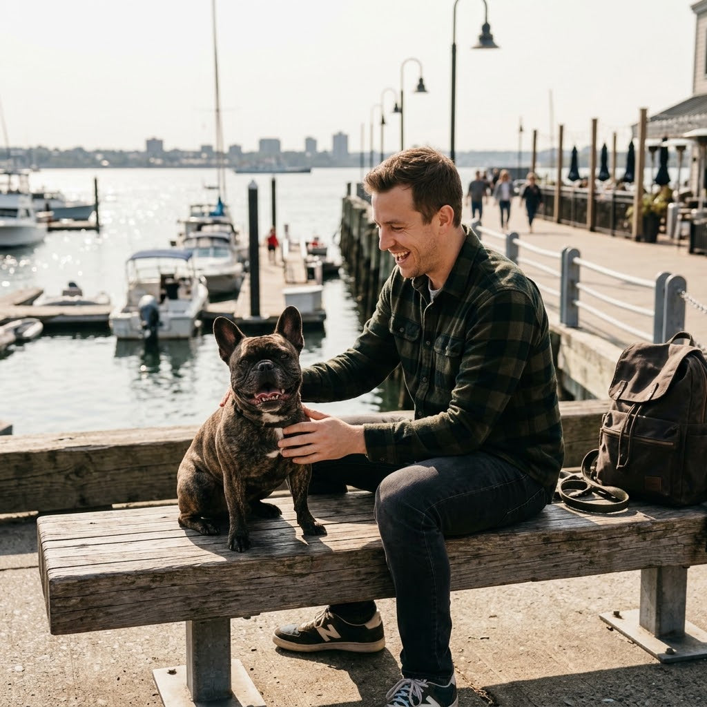 A laughing man wearing a dark plaid flannel shirt sits on a rustic wooden bench on a sunny harbor-side boardwalk, petting his happy brindle French Bulldog.