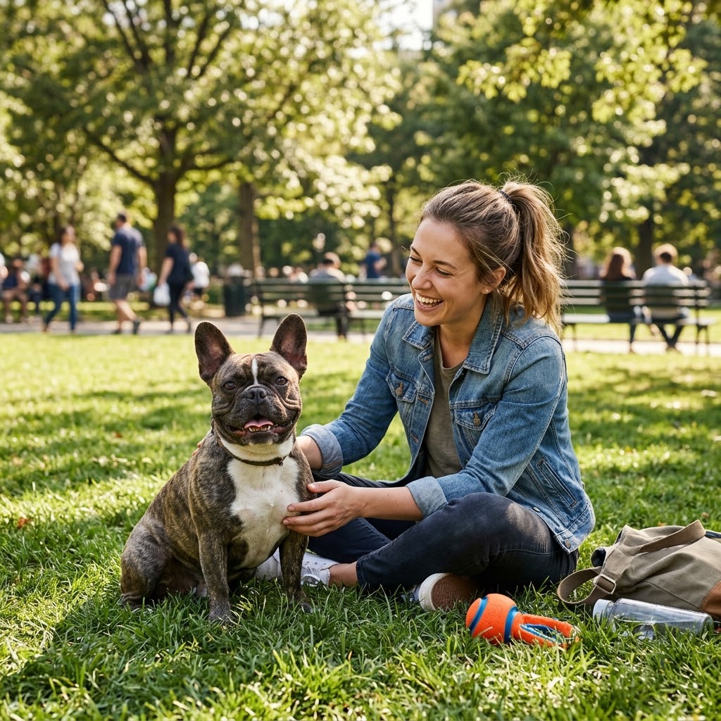 A smiling woman with a ponytail, wearing a denim jacket, sits on the grass in a sunny, bustling park while petting her happy brindle-and-white French Bulldog.