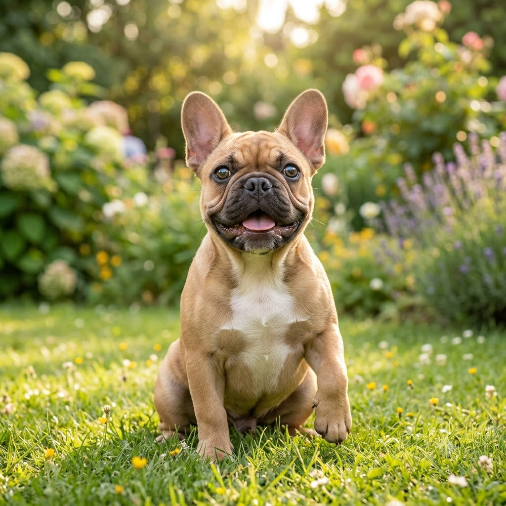 This is a 1:1 image of a happy French Bulldog puppy seated on a lush green lawn. The fawn-colored puppy is smiling broadly, panting happily with its mouth open.