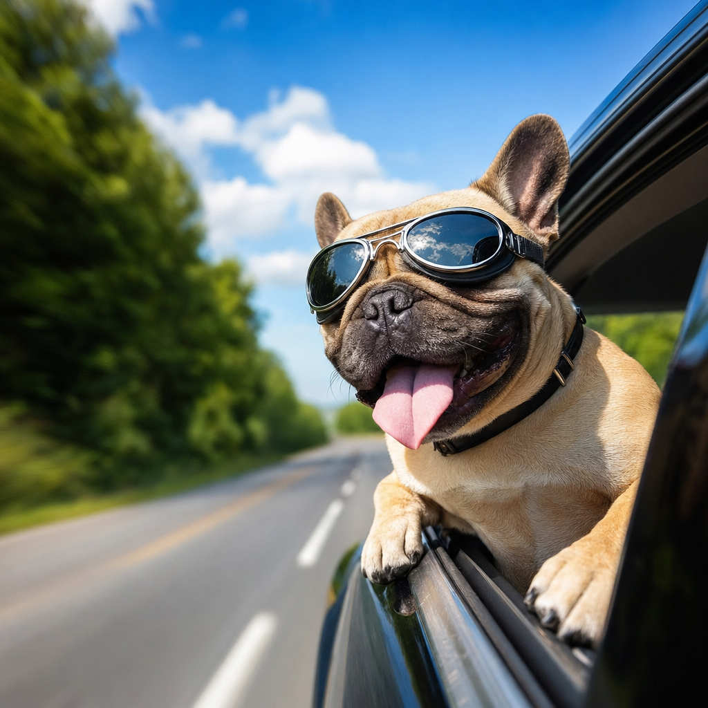 A close-up photograph capturing a happy, goggle-wearing fawn French Bulldog leaning out of a moving car window on a scenic road trip.