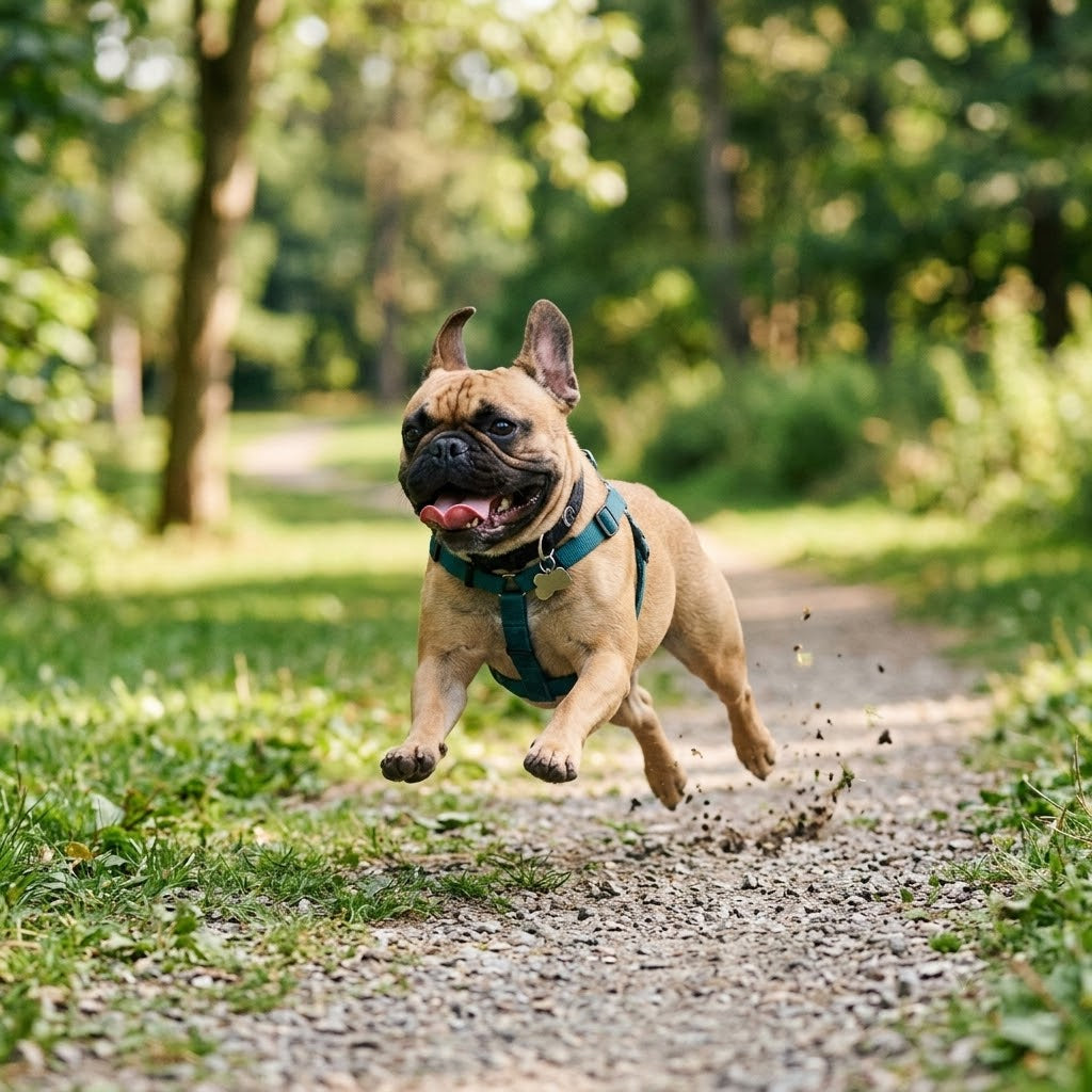 A square (1:1) photograph of an energetic tan and black French bulldog running with all four paws off the ground on a dirt trail.