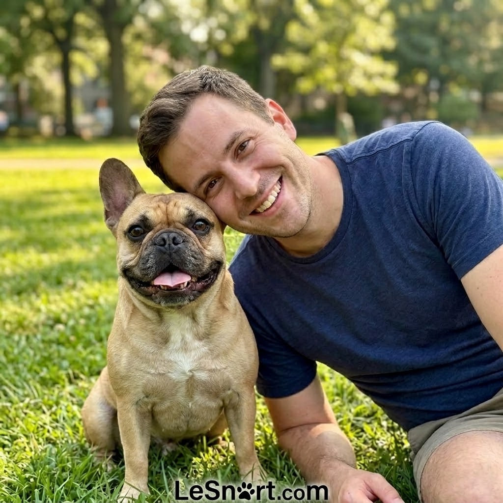 A candid, square 1:1 photograph of a happy fawn-colored French Bulldog without any harness or collar, and its smiling owner, a man in his early 30s.