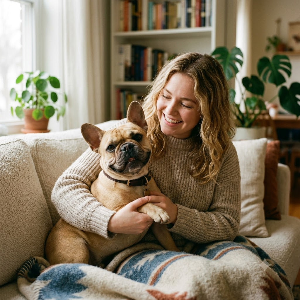 A smiling young woman with wavy blonde hair is seated on a textured, light-colored sofa, gently holding a fawn-colored French Bulldog in her lap.