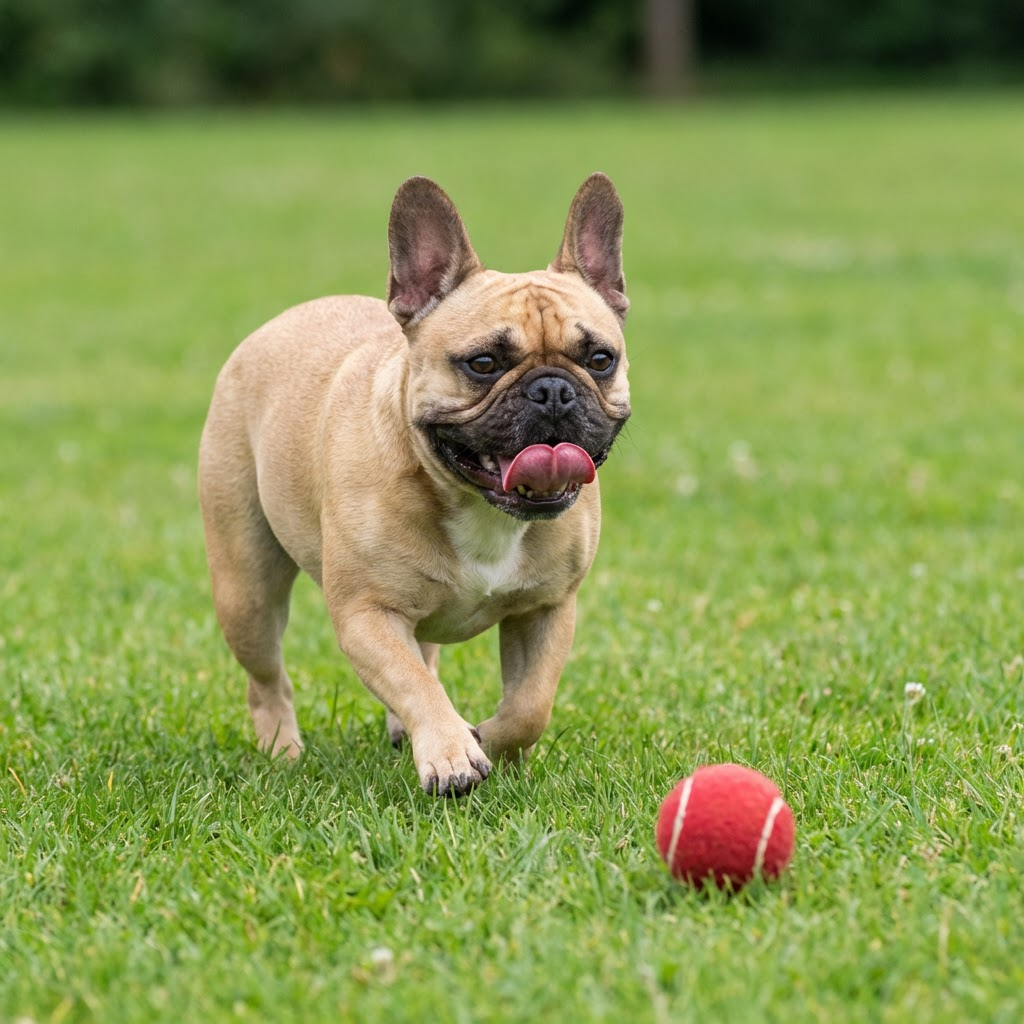 A healthy adult French Bulldog, illustrating the compact body structure and broad chest characteristics discussed in the breeding guide.