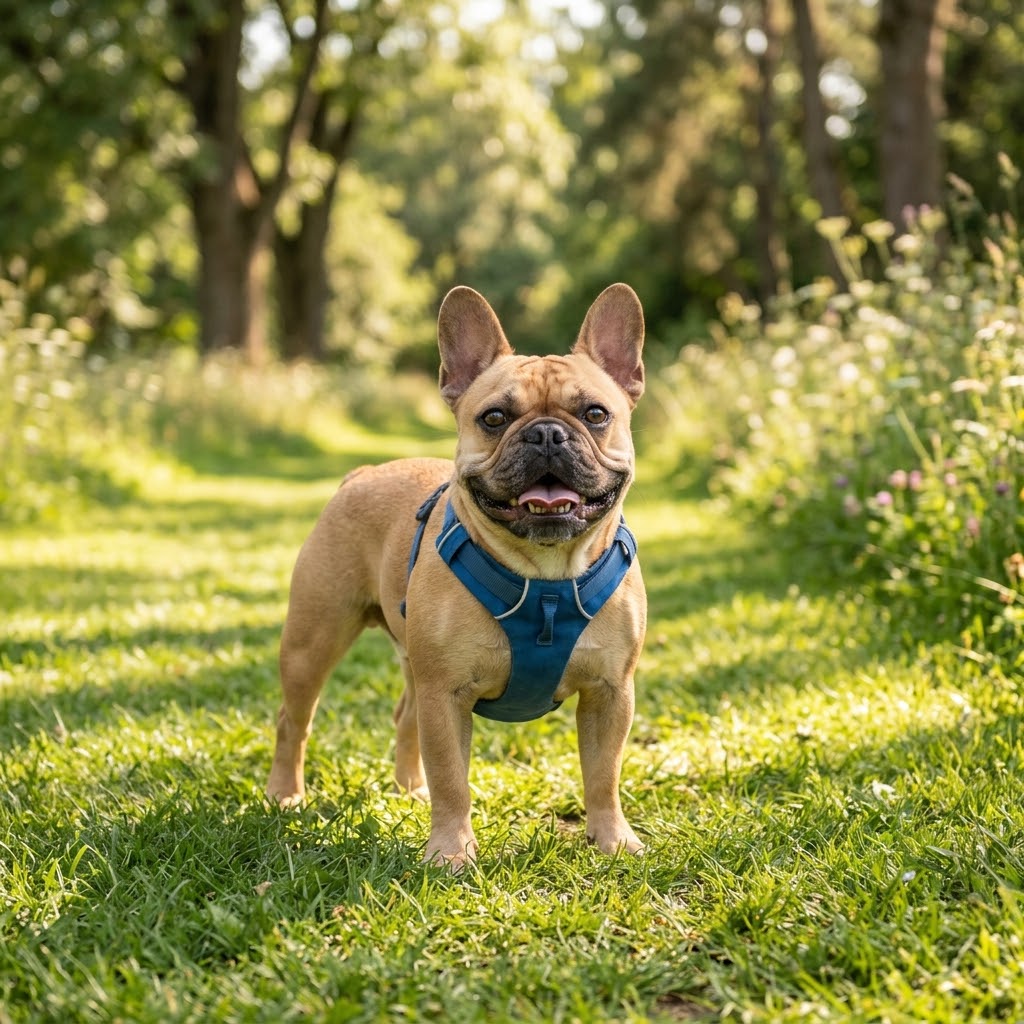 A fawn French Bulldog wearing a blue harness standing on a grassy path in a sunlit park, looking directly at the camera with its mouth open.