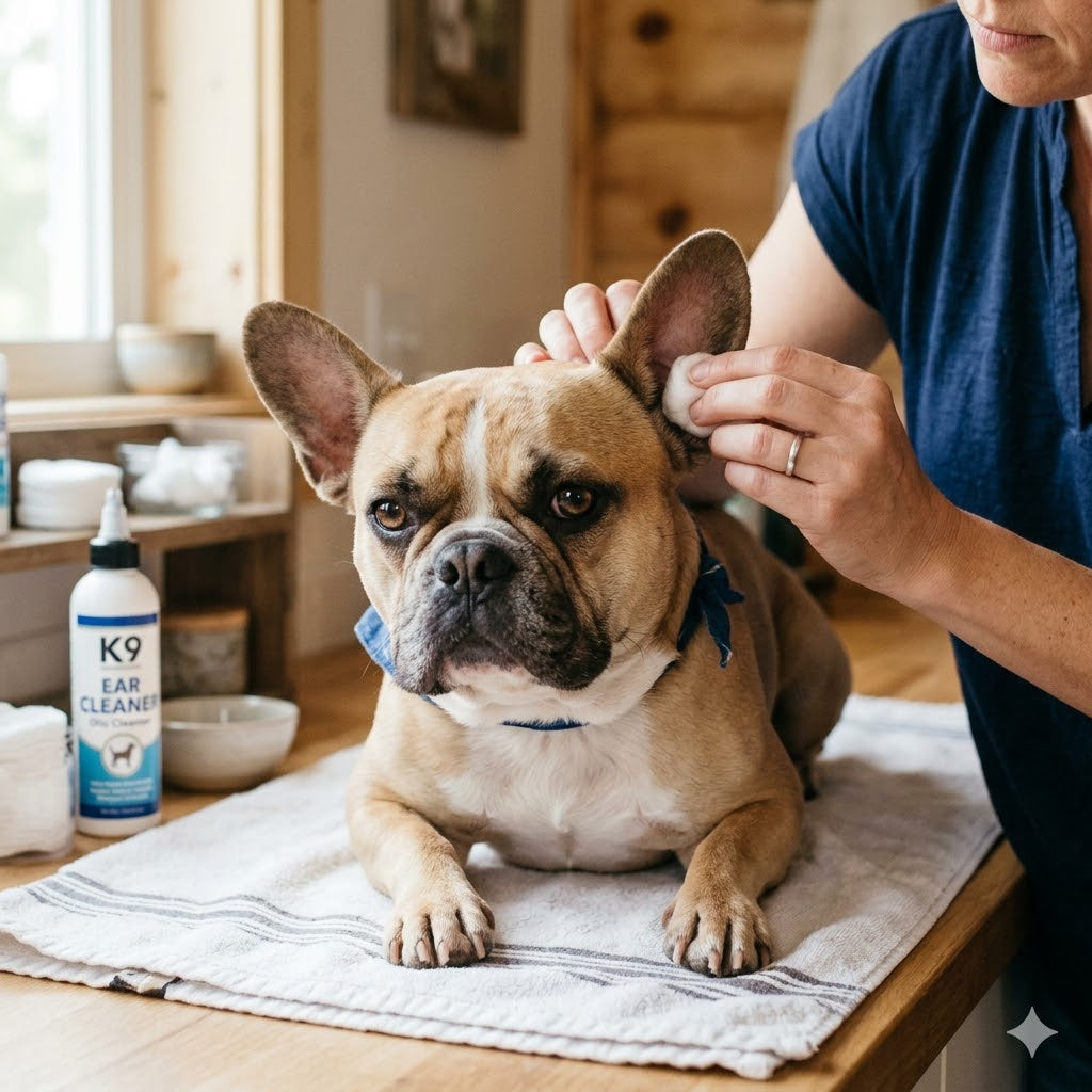 A person is cleaning the ear of a fawn and white French Bulldog using a cotton ball, while the dog lies on a towel with a bottle of K9 Ear Cleaner visible on a counter