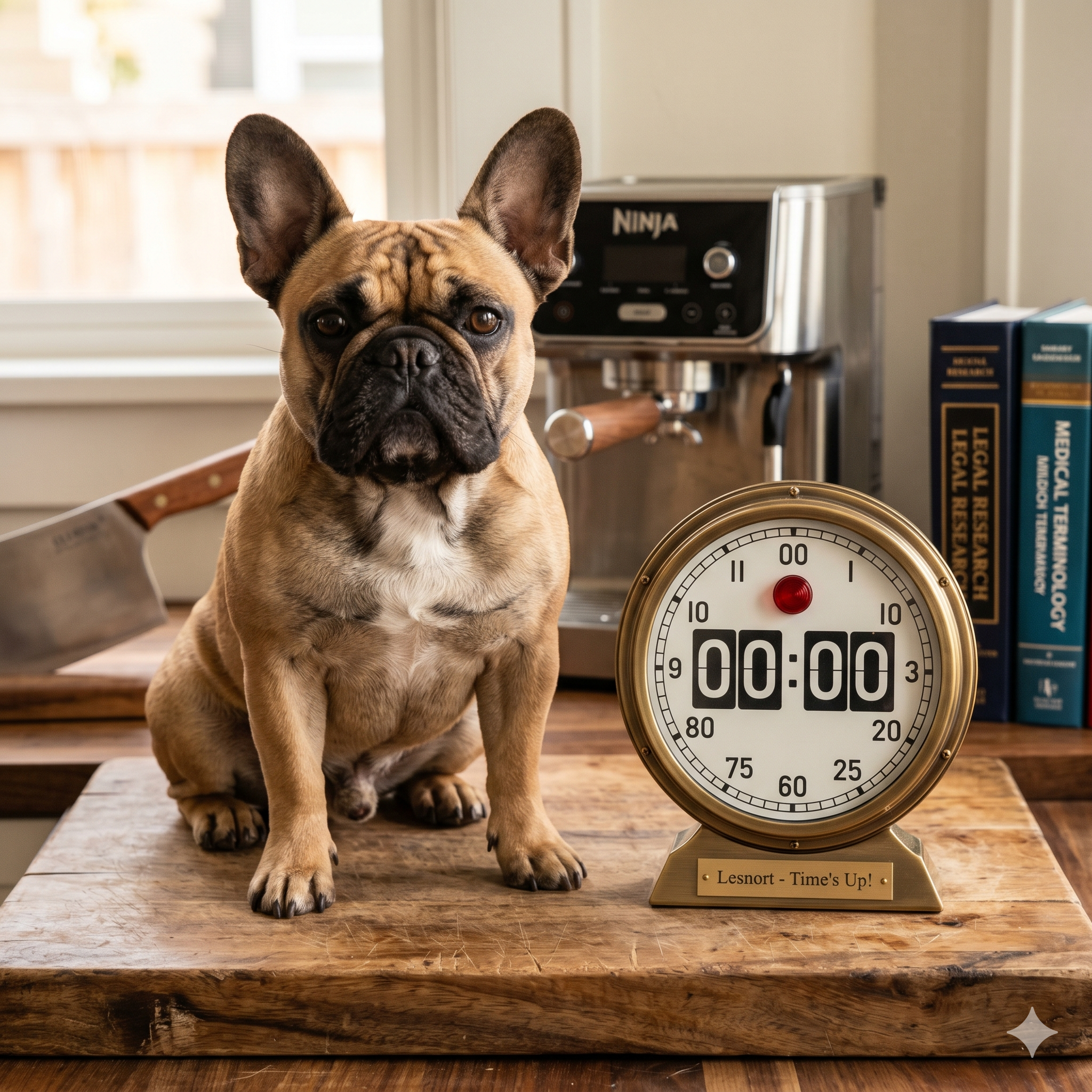 A focused fawn French Bulldog without a harness, sitting next to a vintage brass mechanical countdown timer that has reached 00:00, with a small brass plaque that reads "Lesnort - Time's Up!" on a rustic wooden acacia cutting board.