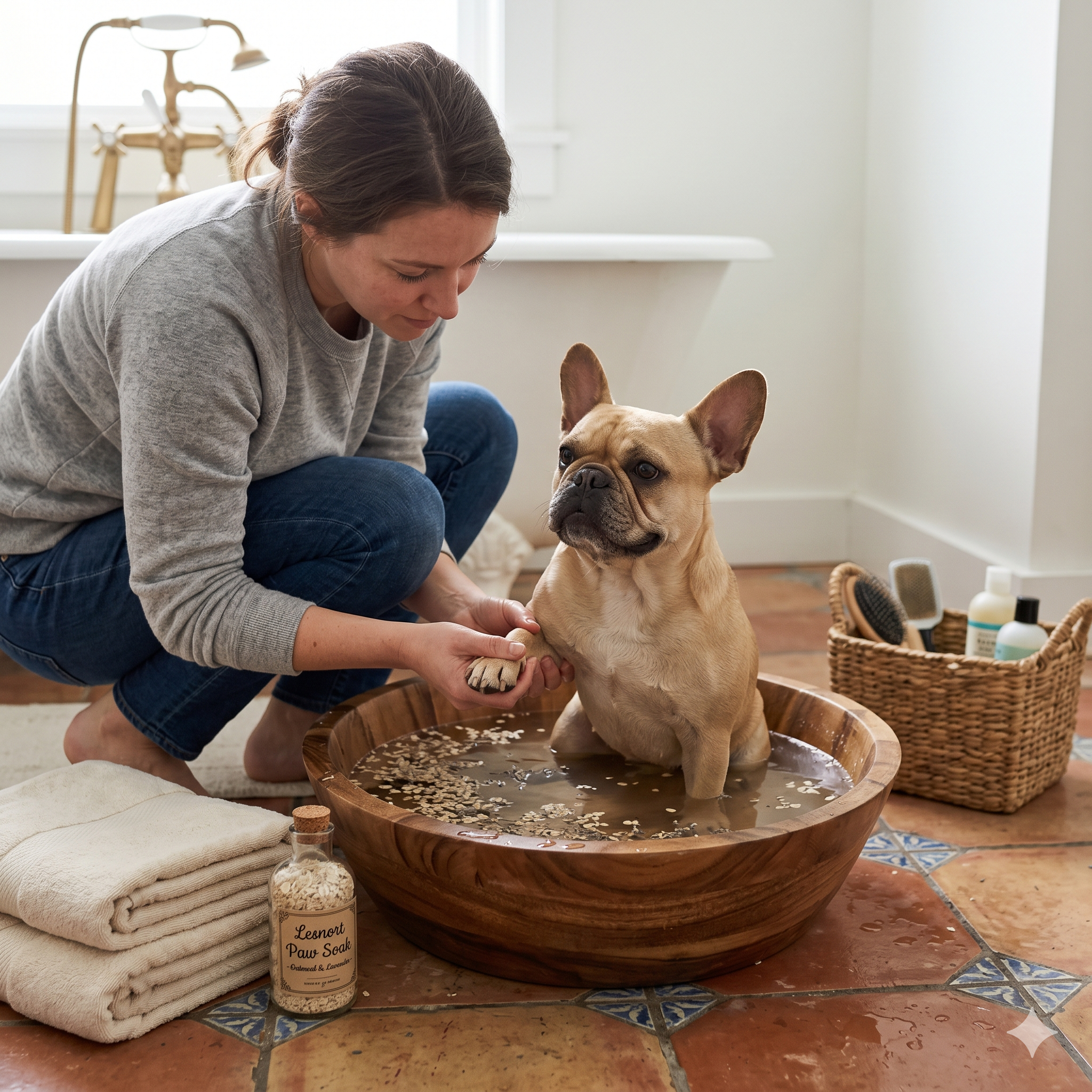 A woman kneeling on a patterned tile floor, gently holding the paw of a fawn French Bulldog who is sitting in a large wooden bowl filled with an oatmeal water mixture.