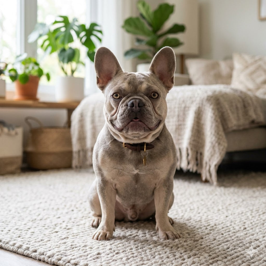 A brindle and grey fawn French Bulldog with large, erect ears and a thoughtful expression, wearing a brown leather collar with a small gold tag.