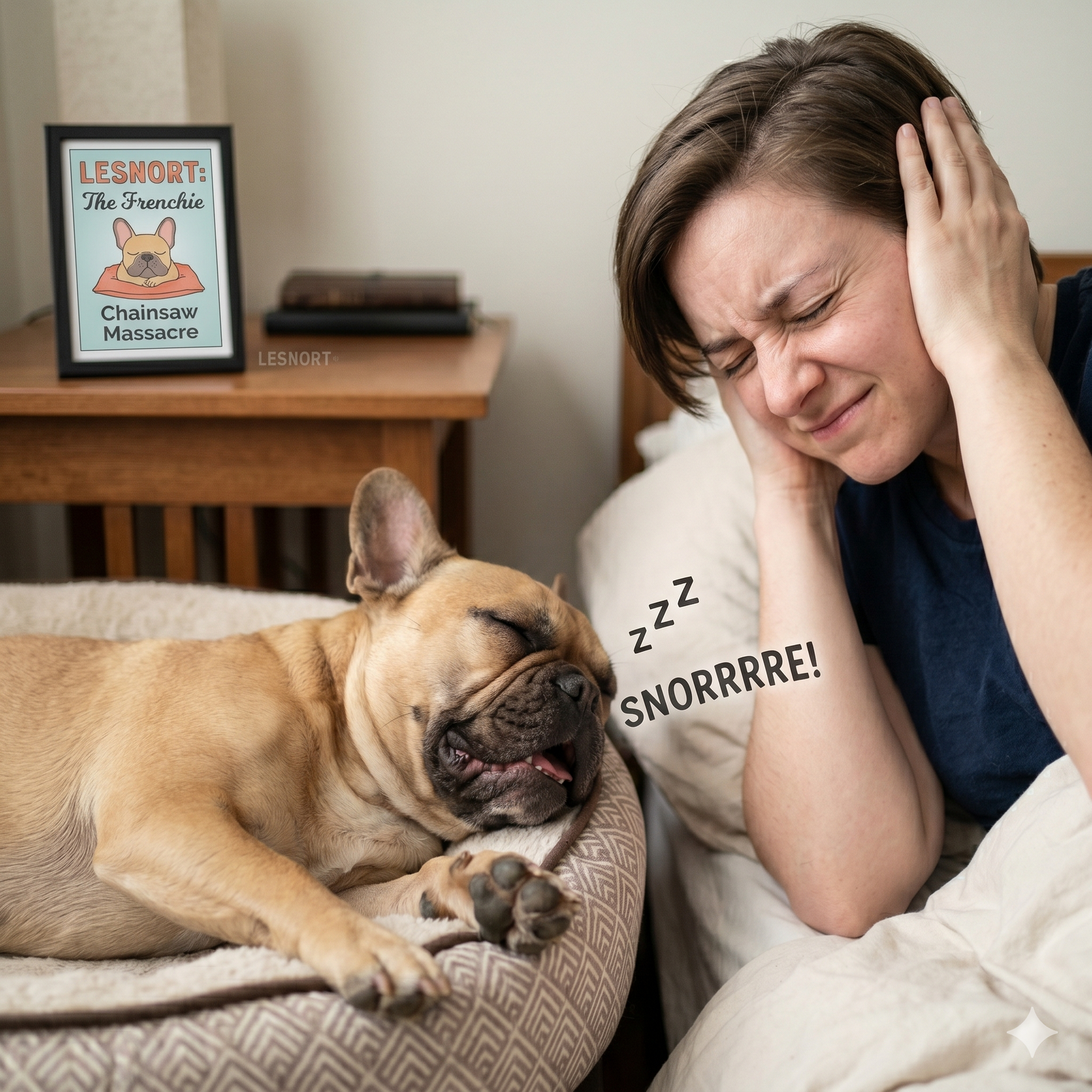A funny and relatable photograph of a fawn-colored French Bulldog sleeping soundly in a patterned pet bed, with its mouth slightly open.