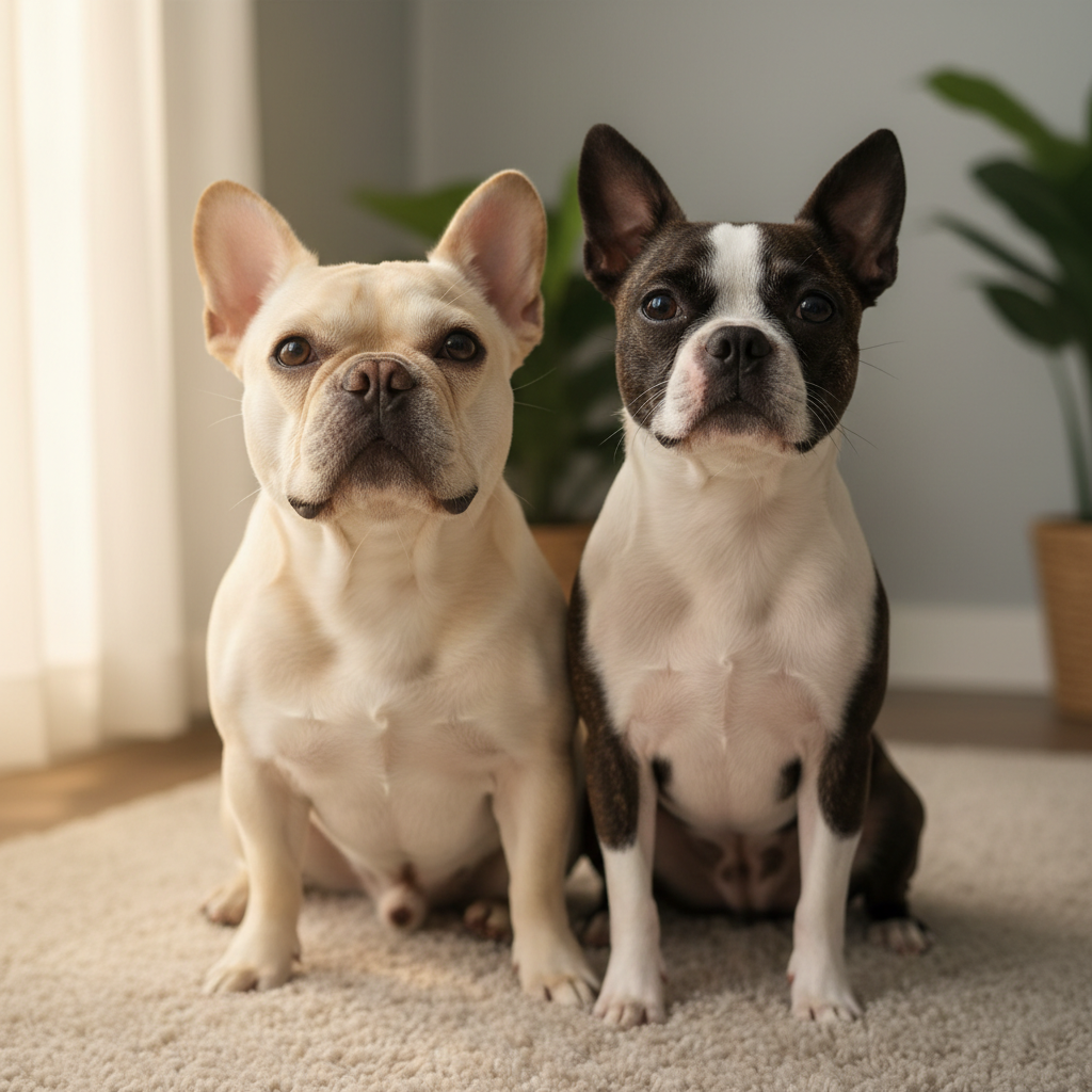 An adorable side-by-side view of a cream French Bulldog and a black-and-white Boston Terrier sitting together indoors on a plush rug.