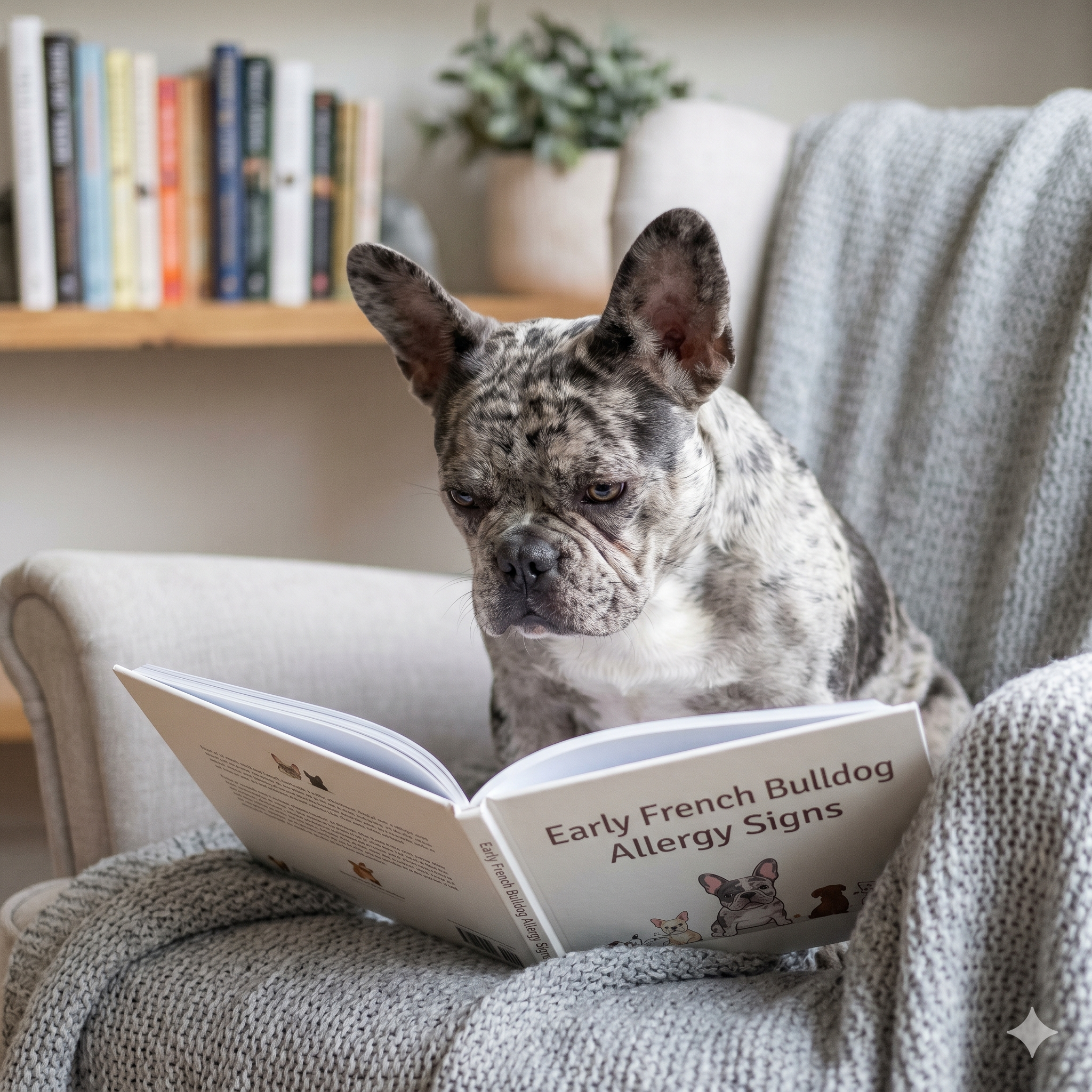 A curious merle French Bulldog looking intently at an open book with the title 'Early French Bulldog Allergy Signs' on a soft blanket. Square aspect ratio