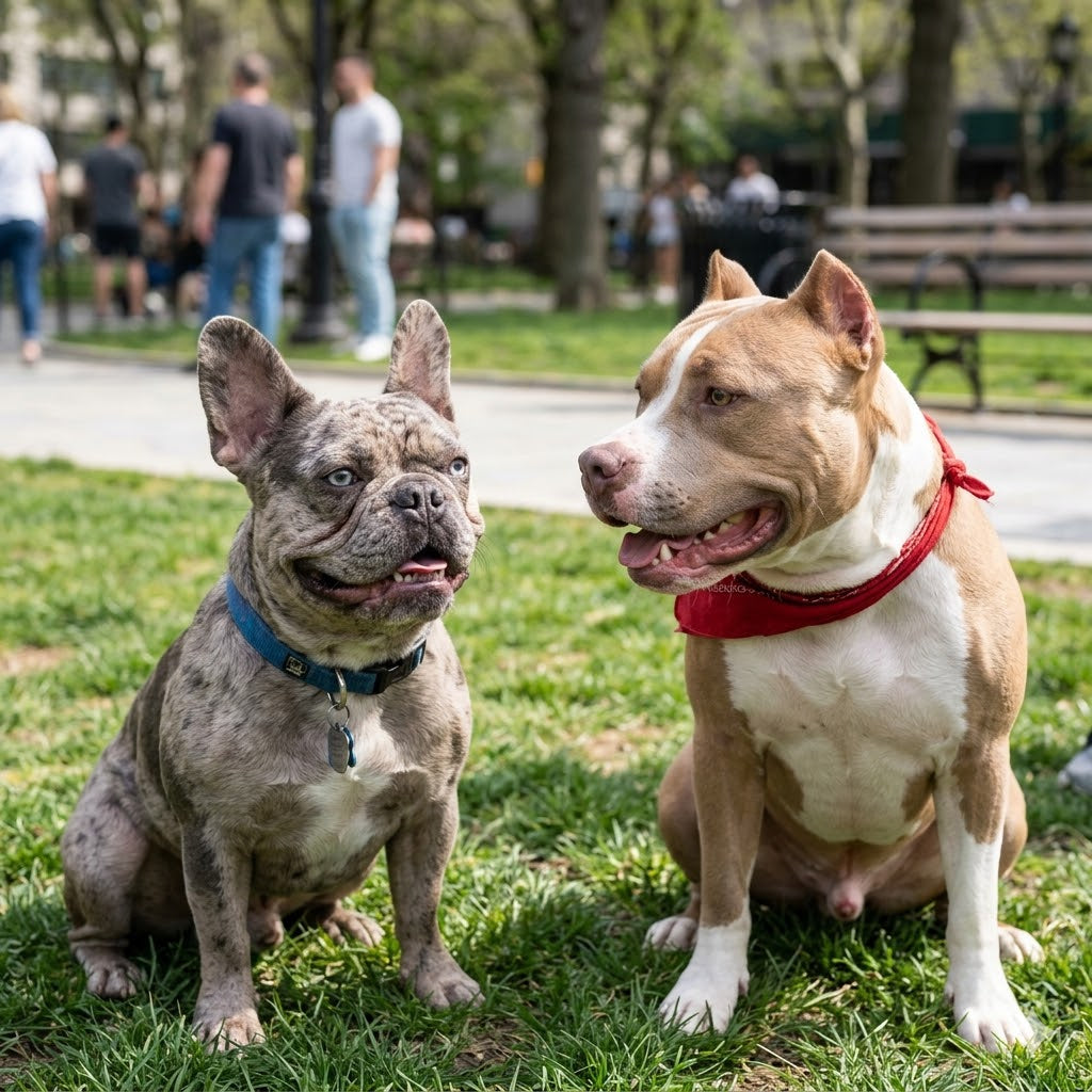 A medium shot of two dogs sitting on green grass in a sunlit urban park. On the left is a merle French Bulldog with blue eyes wearing a blue collar.