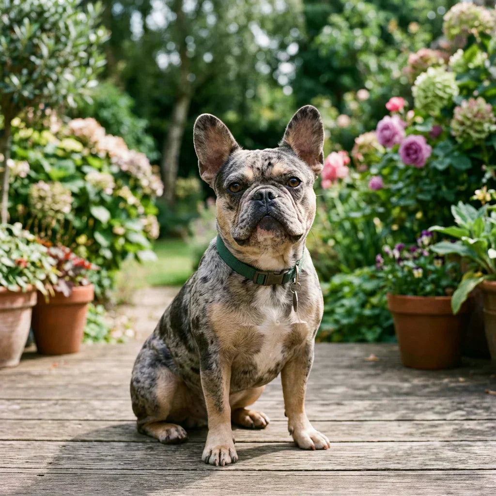 A Merle French Bulldog sitting upright on a weathered wooden deck in a lush garden, wearing a green collar. The background is filled with terracotta pots and purple flowers.
