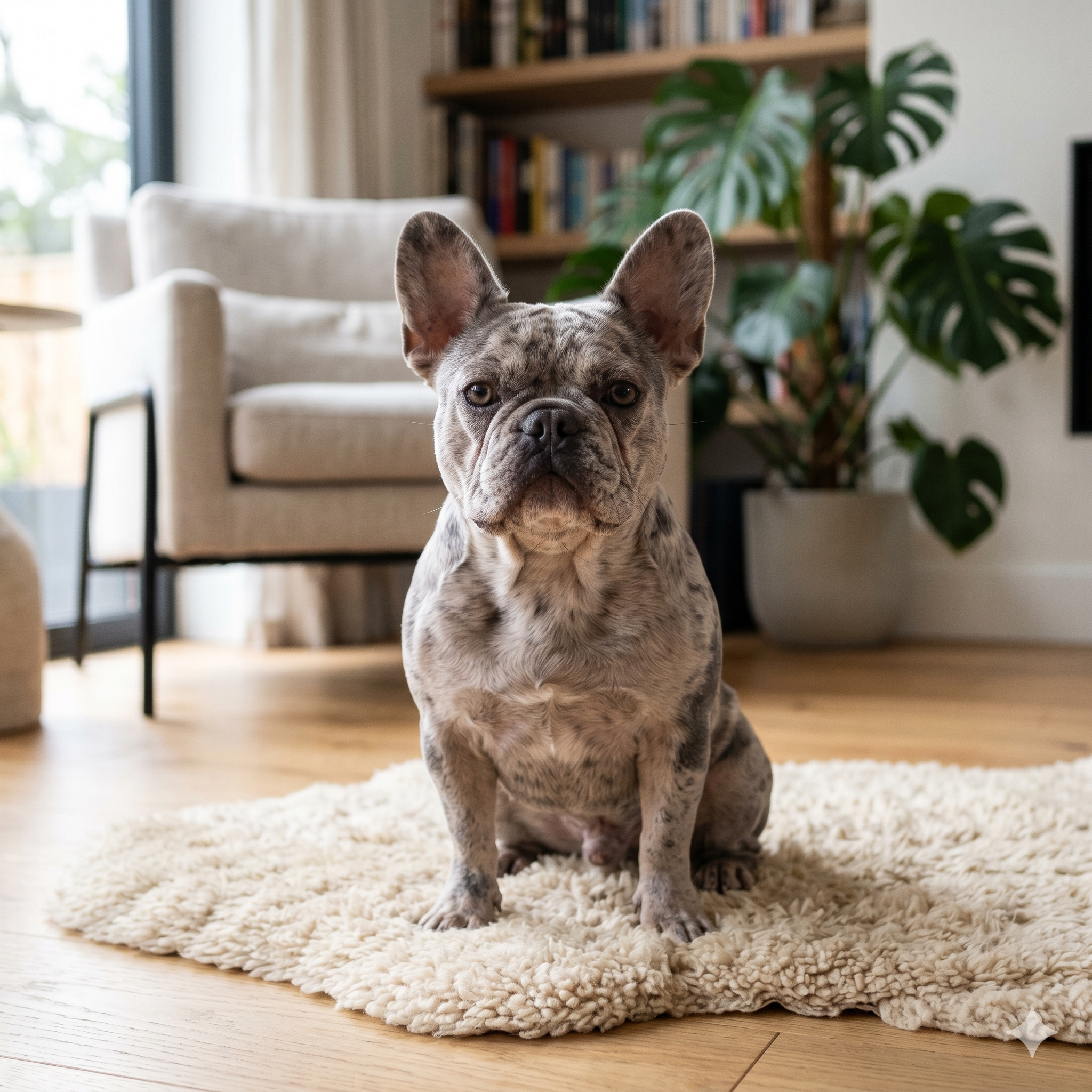 A beautiful square photograph of a rare Merle and Lilac French Bulldog seated comfortably on a plush cream rug in a brightly lit living room. The dog displays its unique mottled coat of gray, silver, and lilac patches.