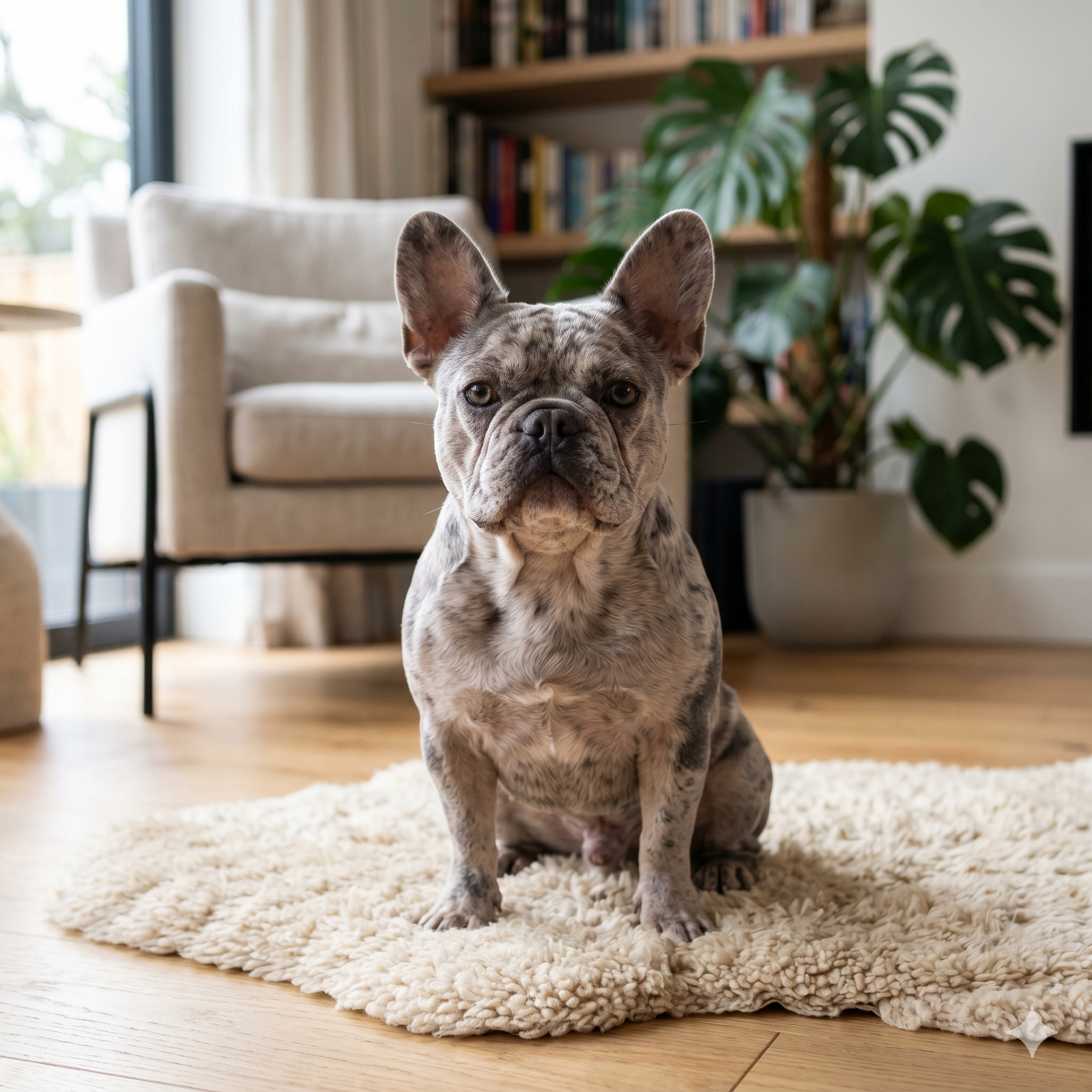 A beautiful square photograph of a rare Merle and Lilac French Bulldog seated comfortably on a plush cream rug in a brightly lit living room. The dog displays its unique mottled coat of gray, silver, and lilac patches.
