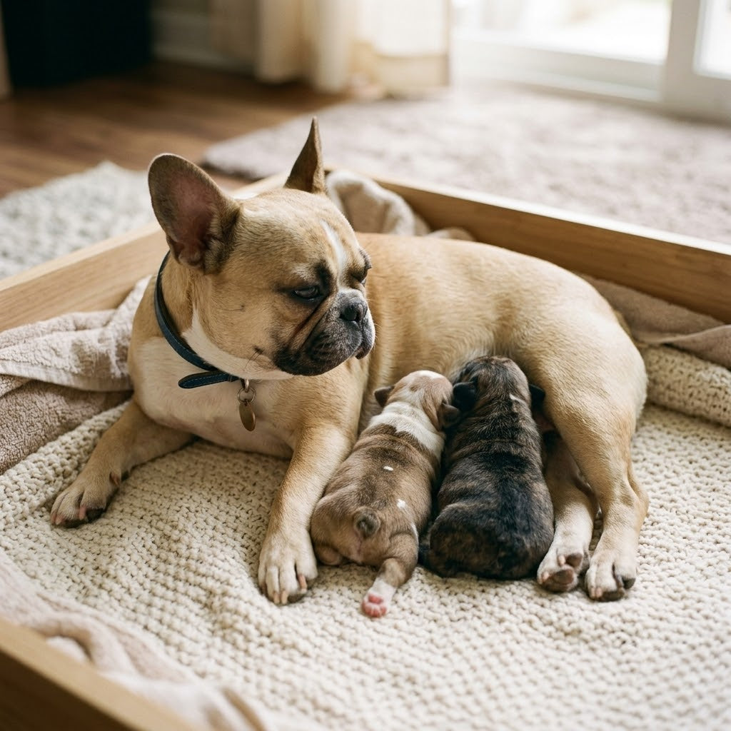 A mother fawn-colored French Bulldog attentively watching two very young puppies, one fawn and one brindle, as they huddle against her to nurse.
