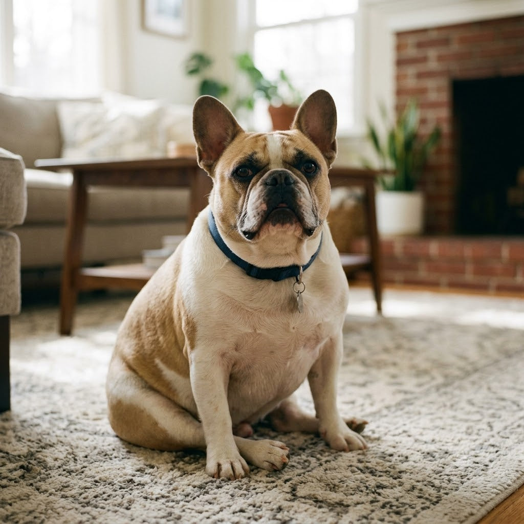 A square photograph of an obese fawn and white French Bulldog sitting on a textured area rug.
