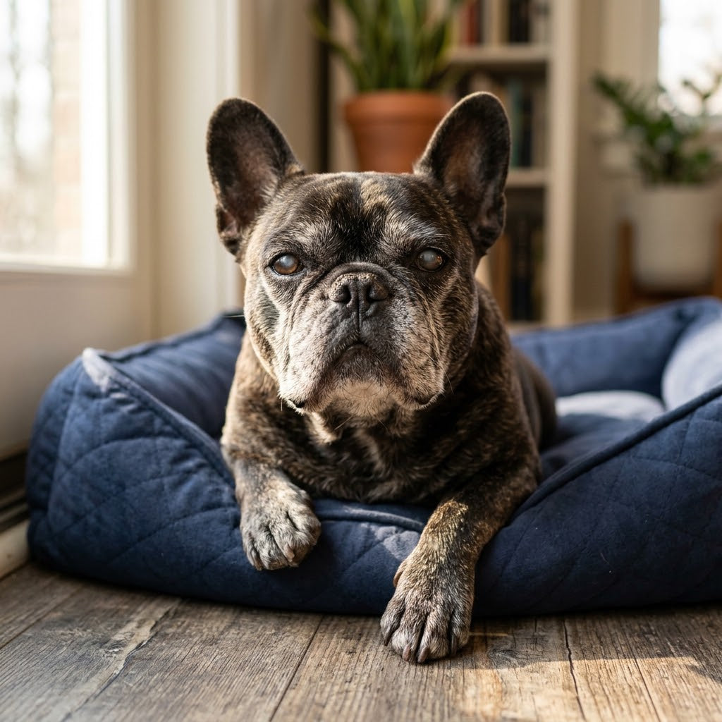 A close-up, square photograph of an elderly brindle French Bulldog with a grizzled muzzle and deep wrinkles.