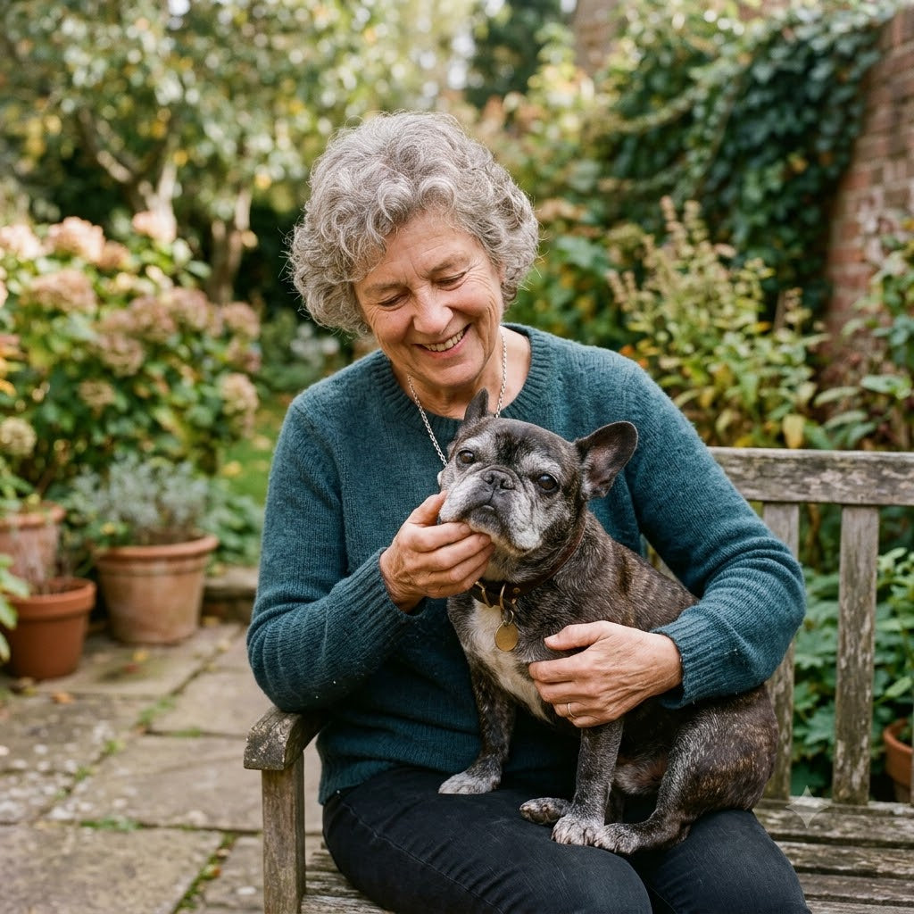 A heartfelt square-format photograph capturing an elderly woman embracing her old French Bulldog with significant graying on its muzzle.