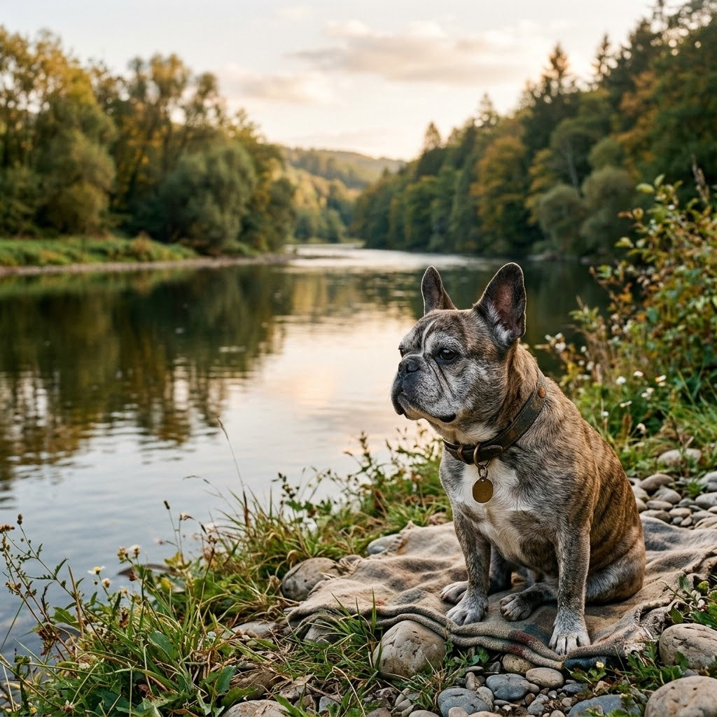 A brindle French Bulldog with a slightly greying muzzle sits calmly on a folded blanket draped over a rocky riverbank.