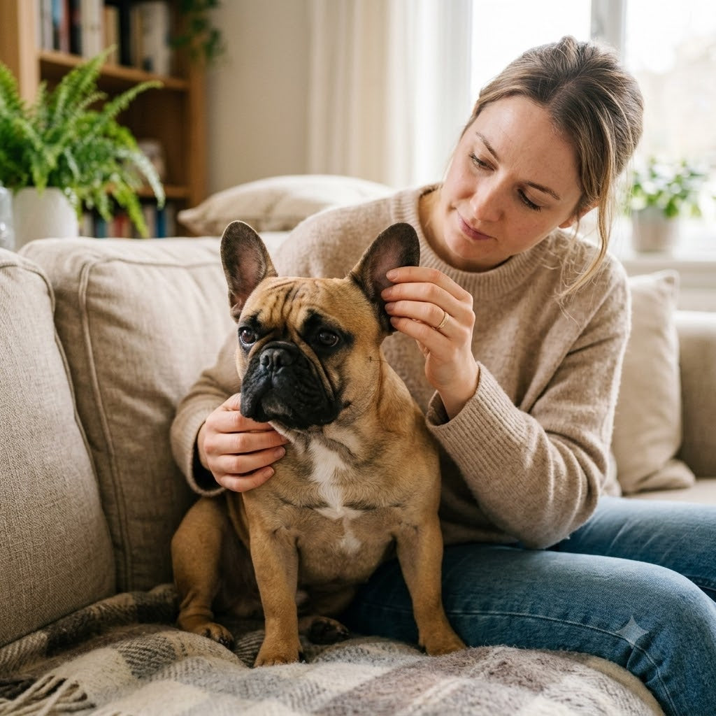 A medium shot photograph shows a young blonde woman seated on a beige fabric couch, holding a fawn-colored French Bulldog in her lap.