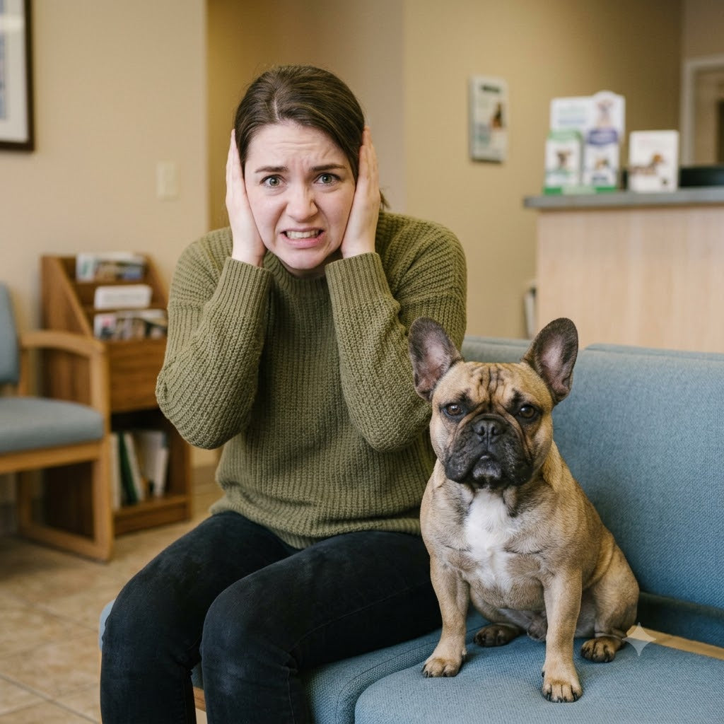 A woman with dark hair in a green knit sweater sitting next to a calm French Bulldog on a blue waiting room bench.