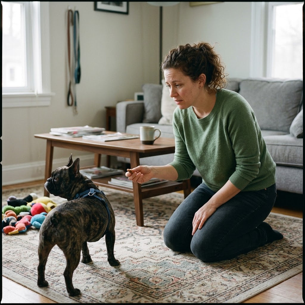A candid 1:1 photo of a woman in a living room kneeling and holding a treat, attempting to train a brindle French Bulldog, but the dog is looking away stubbornly towards a window.