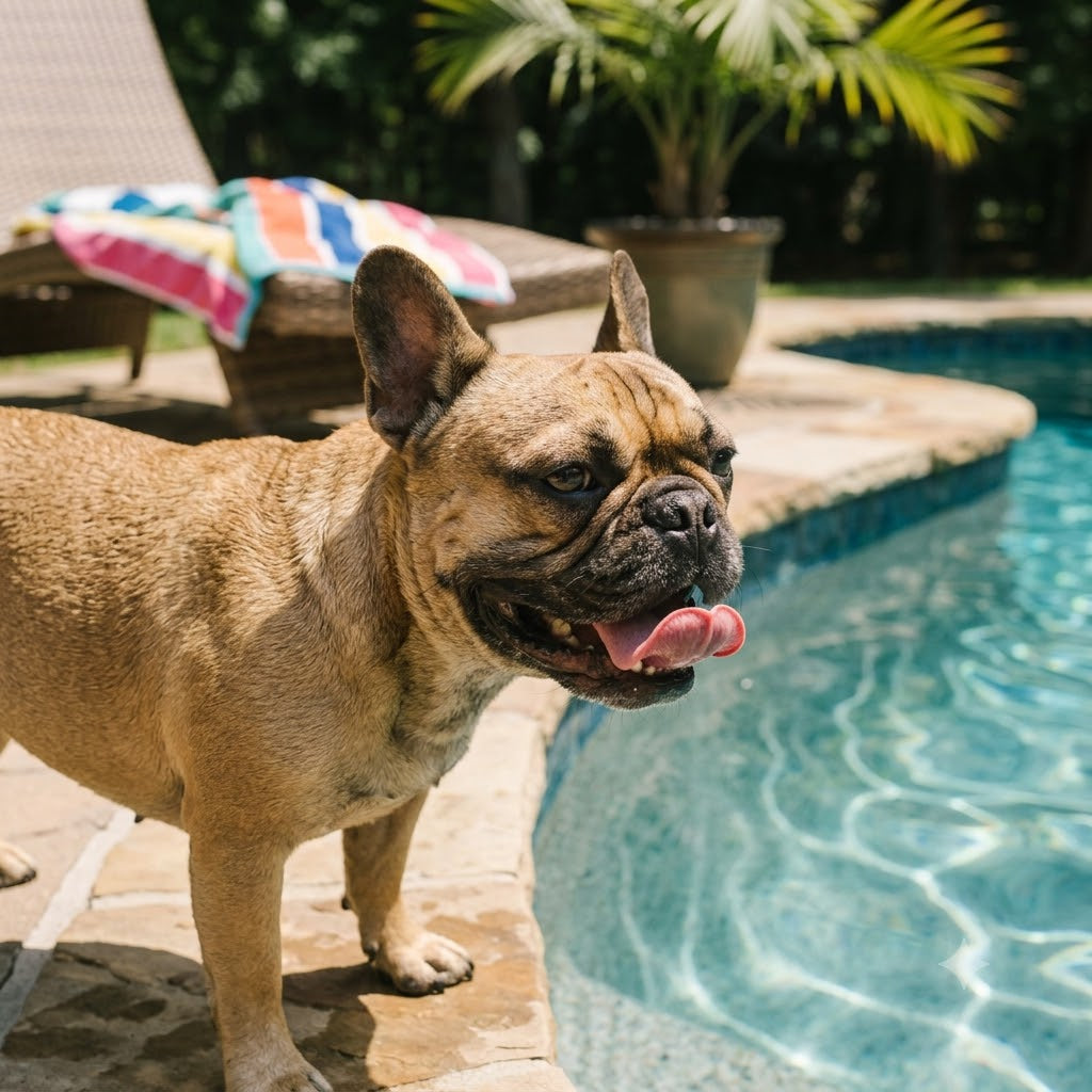 A fawn French Bulldog standing on a stone patio at the edge of a bright blue swimming pool on a sunny day.