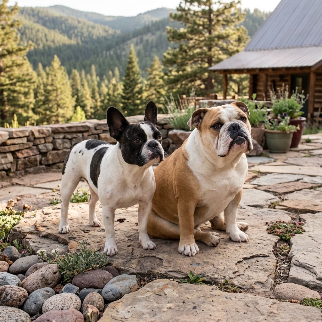 A Pied French Bulldog (black and white) standing and a fawn and white English Bulldog sitting together on a rugged stone patio.