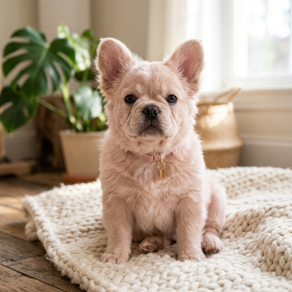 A small, fluffy, cream-colored puppy with large, upright bat-like ears sitting attentively on a chunky, cream-colored knit blanket.