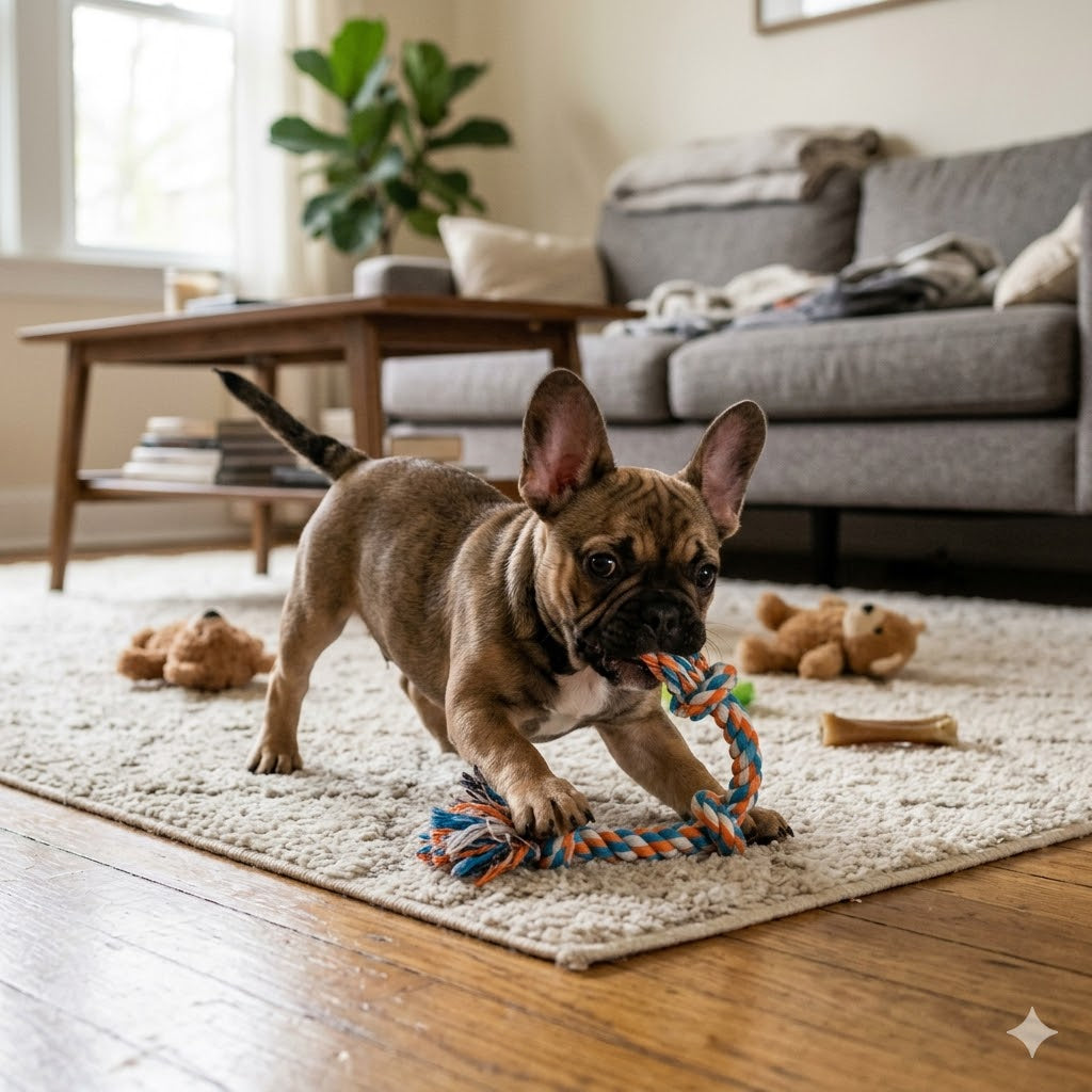 A playful fawn French Bulldog puppy tugs and chews on an orange, blue, and white braided rope toy. The puppy is on a fluffy light-colored area rug in a modern living room setting,