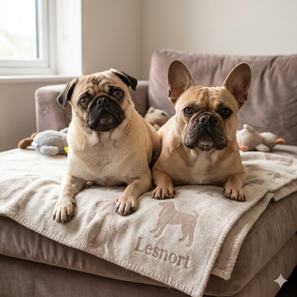 A 1:1 square photograph captures a close-up of a fawn Pug and a fawn French Bulldog sitting together on a custom patterned throw blanket.